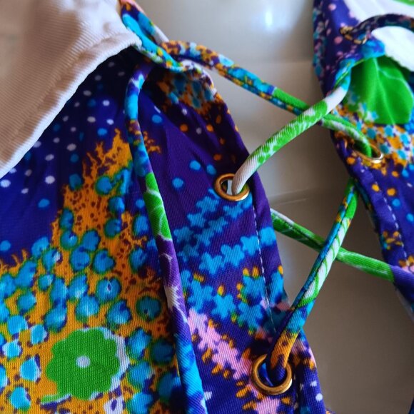 Small Vintage Women's Top 1960s Psychedelic Lace-Up Bodice Stretch Groovy Mod - Picture 3 of 8